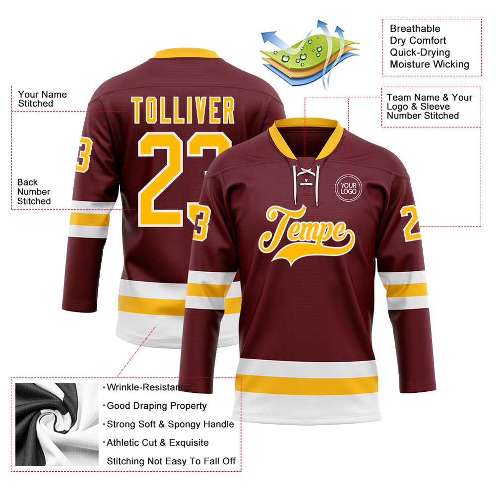 Custom Burgundy Gold White Hockey Lace Neck Jersey, New Hockey Jersey, Personali Sport Team Jersey Shirt