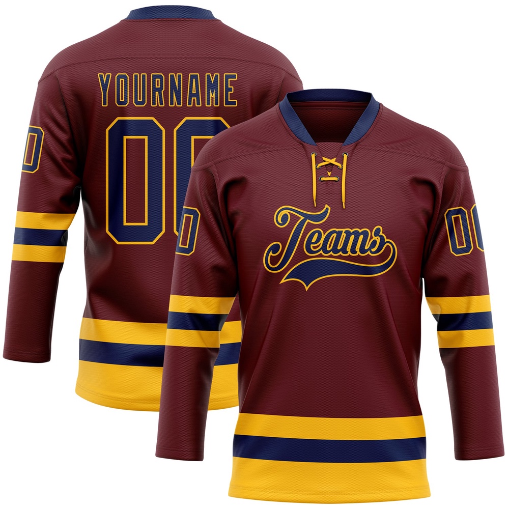 Custom Burgundy Navy Gold Hockey Lace Neck Jersey, New Hockey Jersey, Personali Sport Team Jersey Shirt