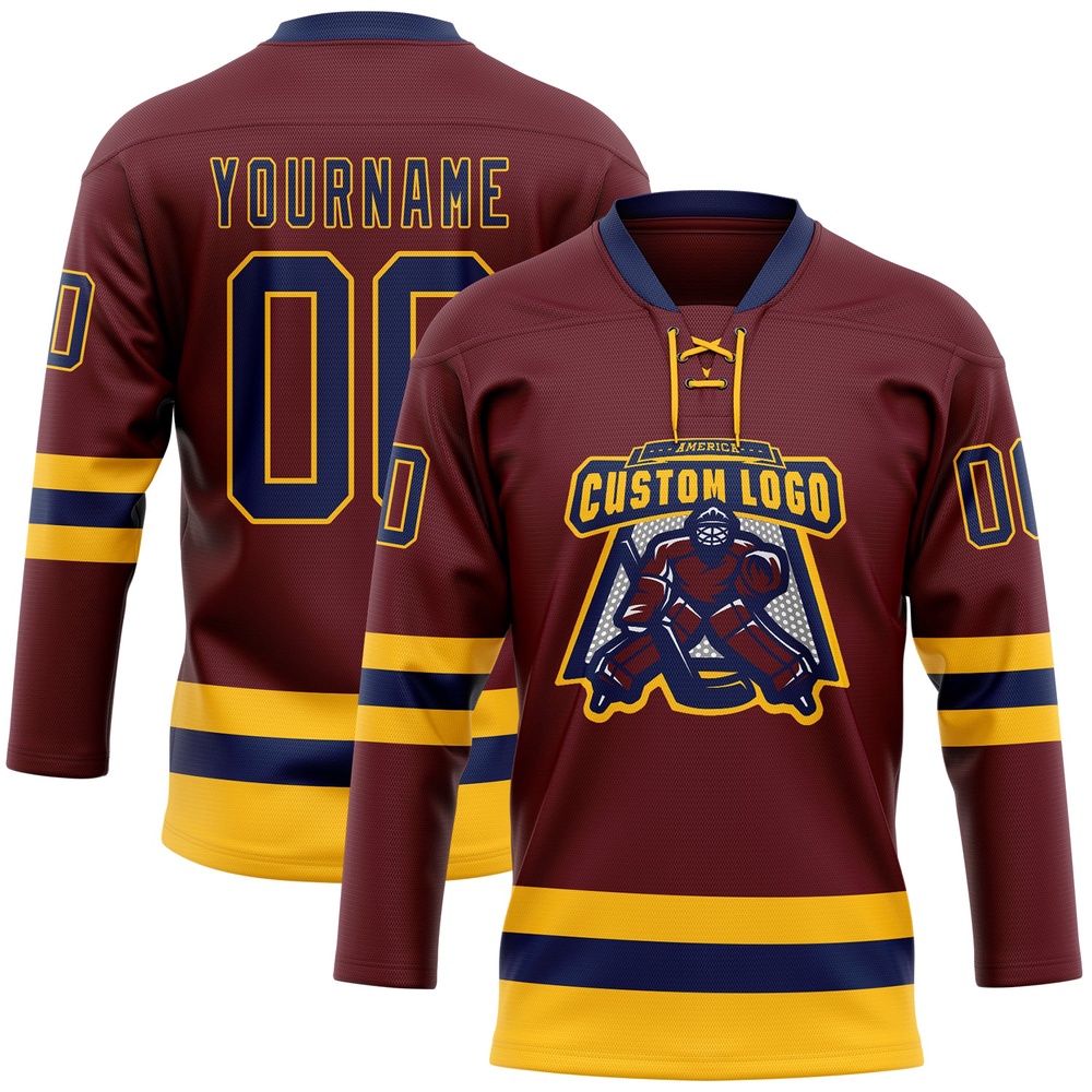 Custom Burgundy Navy Gold Hockey Lace Neck Jersey, New Hockey Jersey, Personali Sport Team Jersey Shirt