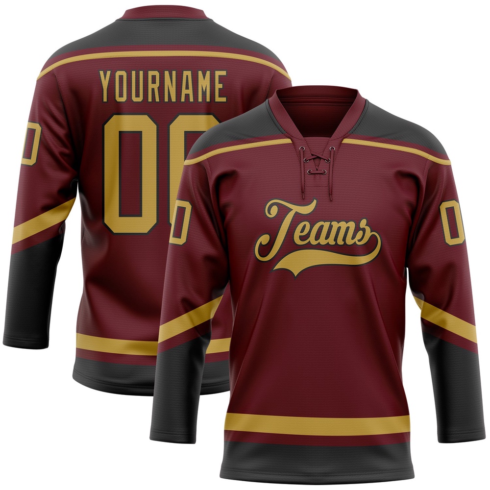 Custom Burgundy Old Gold Black Hockey Lace Neck Jersey, New Hockey Jersey, Personali Sport Team Jersey Shirt