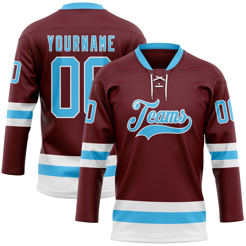 Custom Burgundy Sky Blue White Hockey Lace Neck Jersey, New Hockey Jersey, Personali Sport Team Jersey Shirt
