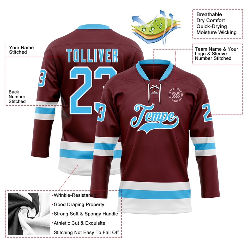 Custom Burgundy Sky Blue White Hockey Lace Neck Jersey, New Hockey Jersey, Personali Sport Team Jersey Shirt