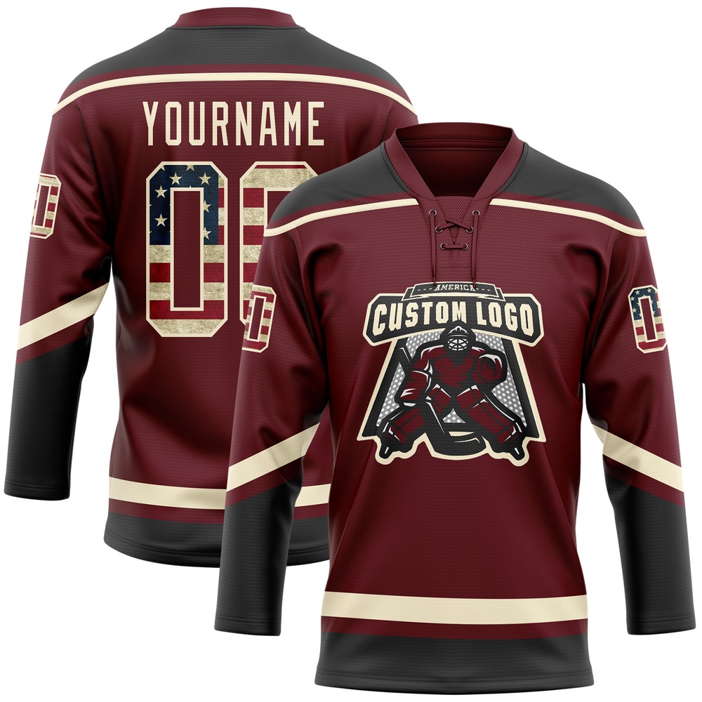 Custom Burgundy Vintage USA Flag Black Cream Hockey Lace Neck Jersey, New Hockey Jersey, Personali Sport Team Jersey Shirt