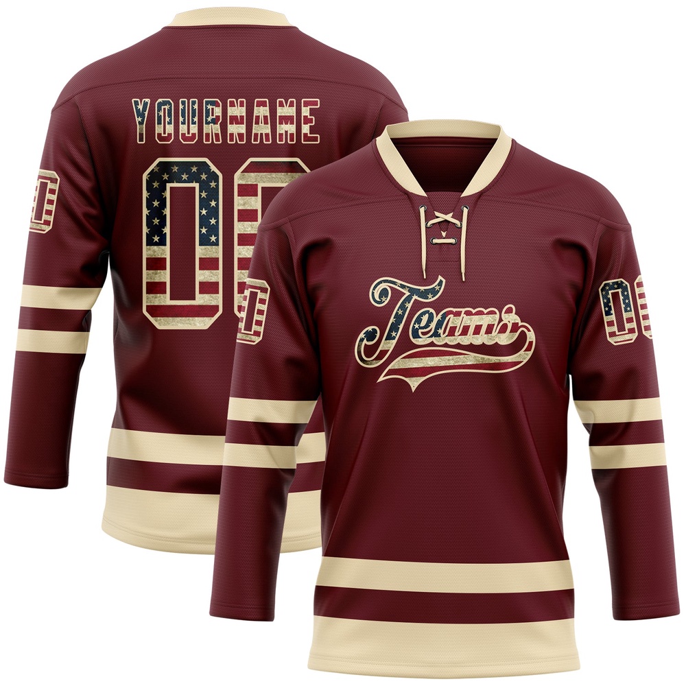 Custom Burgundy Vintage USA Flag Cream Hockey Lace Neck Jersey, New Hockey Jersey, Personali Sport Team Jersey Shirt