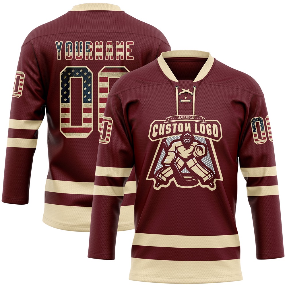 Custom Burgundy Vintage USA Flag Cream Hockey Lace Neck Jersey, New Hockey Jersey, Personali Sport Team Jersey Shirt