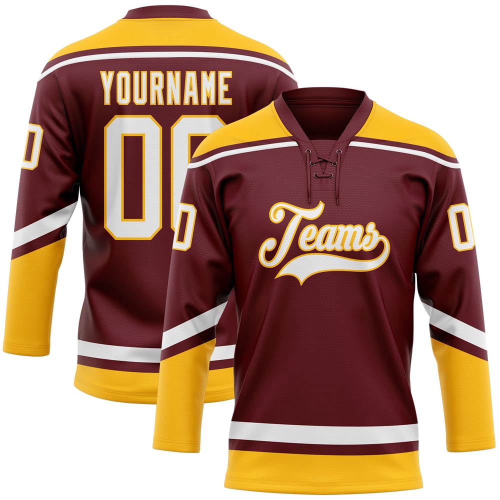 Custom Burgundy White Gold Hockey Lace Neck Jersey, New Hockey Jersey, Personali Sport Team Jersey Shirt