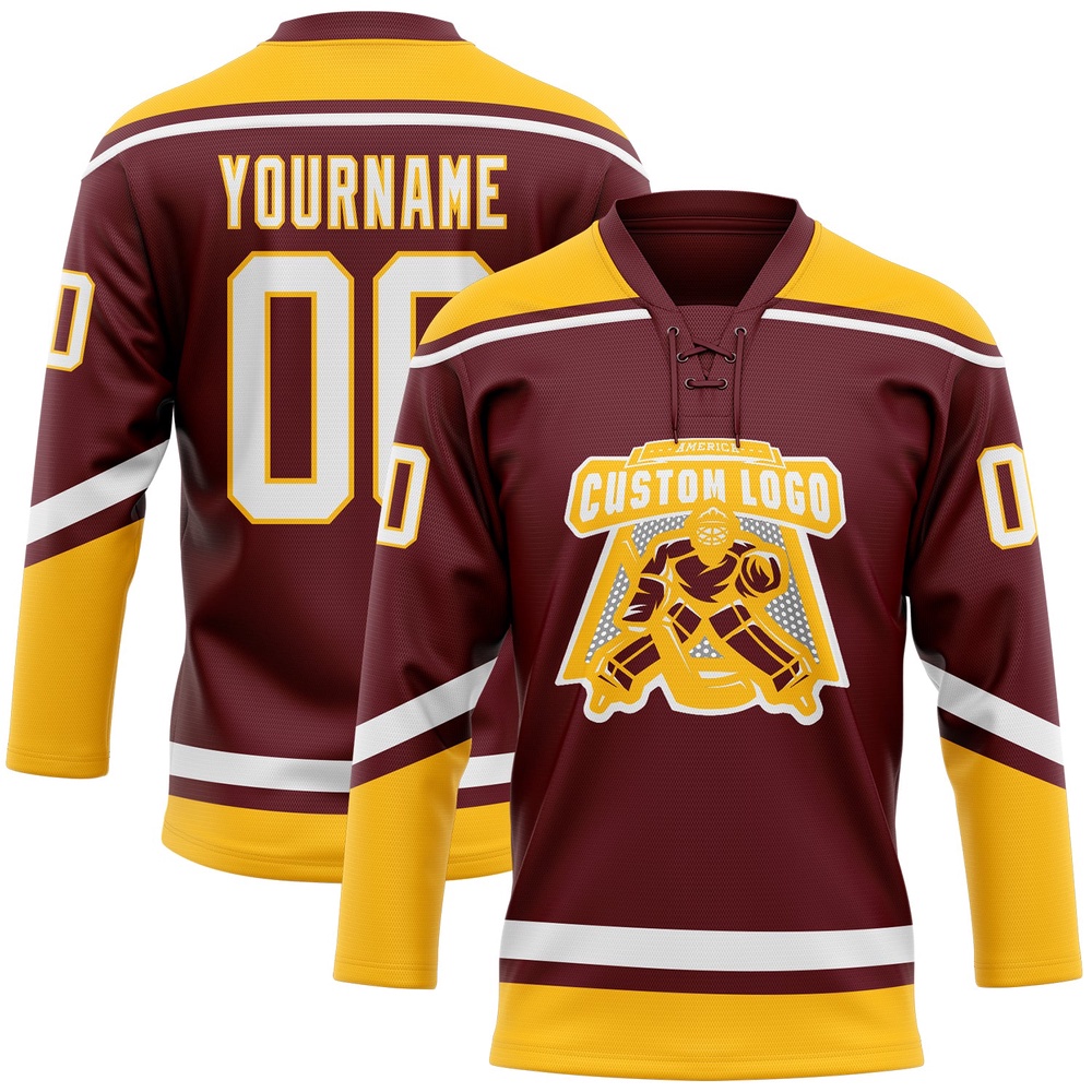 Custom Burgundy White Gold Hockey Lace Neck Jersey, New Hockey Jersey, Personali Sport Team Jersey Shirt