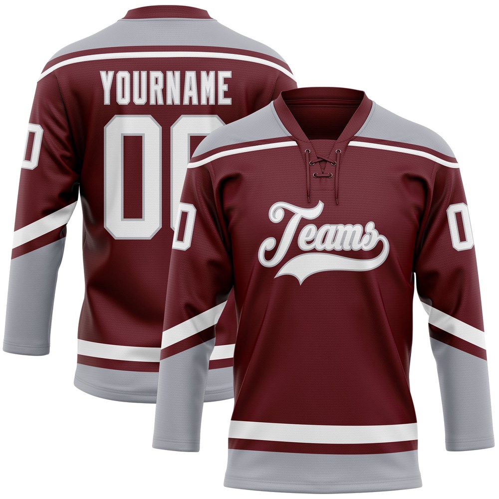 Custom Burgundy White Gray Hockey Lace Neck Jersey, New Hockey Jersey, Personali Sport Team Jersey Shirt