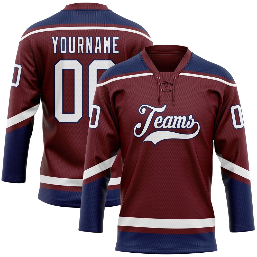 Custom Burgundy White Navy Hockey Lace Neck Jersey, New Hockey Jersey, Personali Sport Team Jersey Shirt