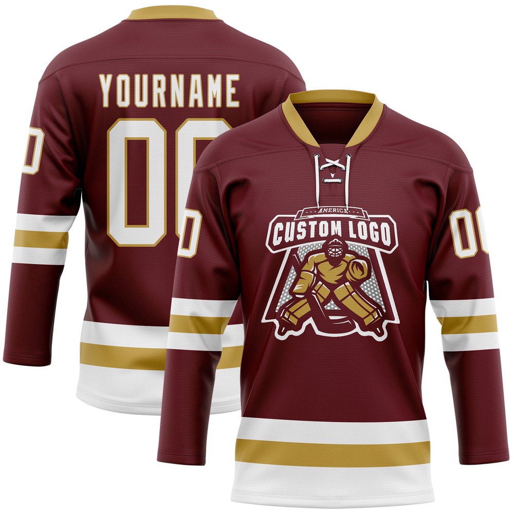 Custom Burgundy White Old Gold Hockey Lace Neck Jersey, New Hockey Jersey, Personali Sport Team Jersey Shirt