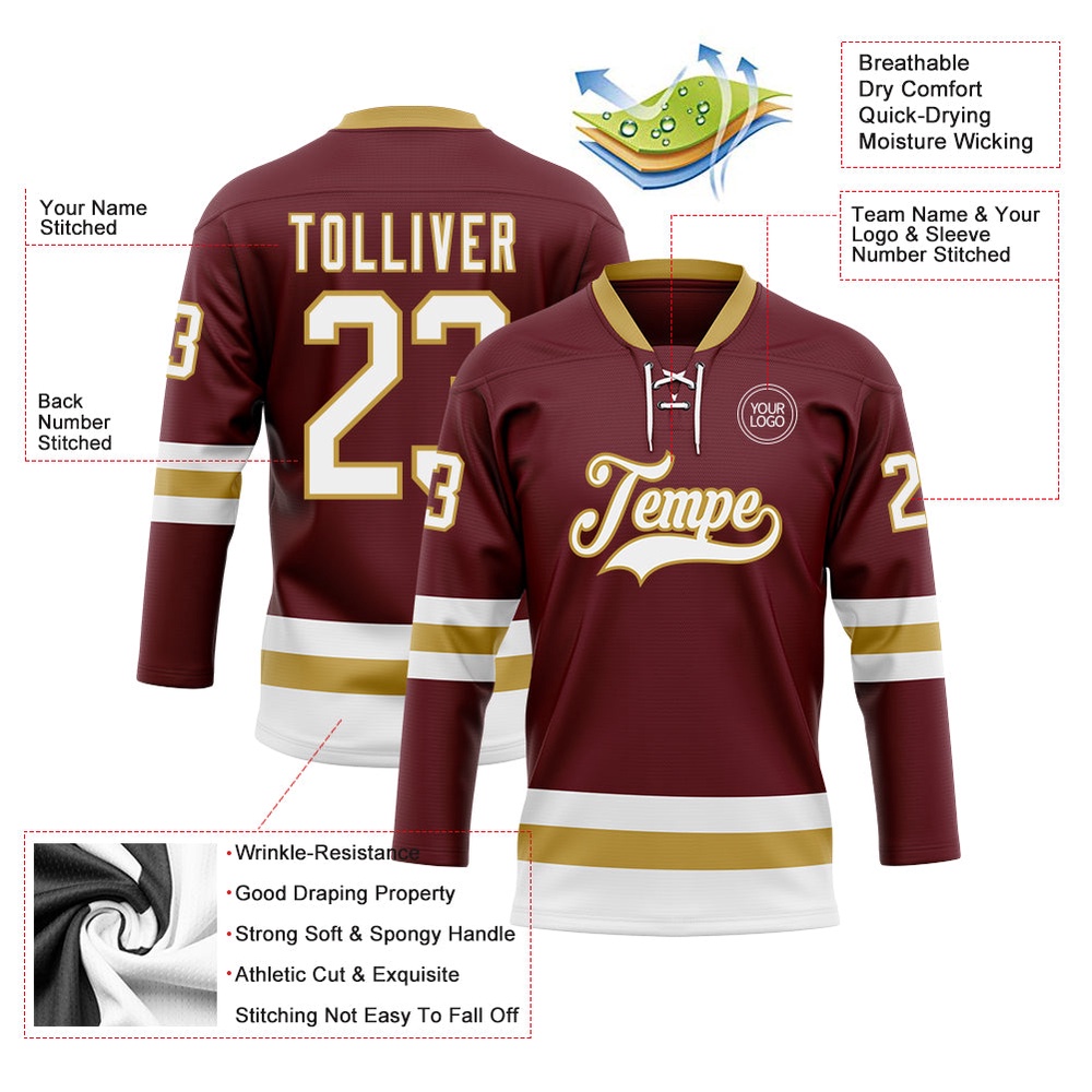Custom Burgundy White Old Gold Hockey Lace Neck Jersey, New Hockey Jersey, Personali Sport Team Jersey Shirt