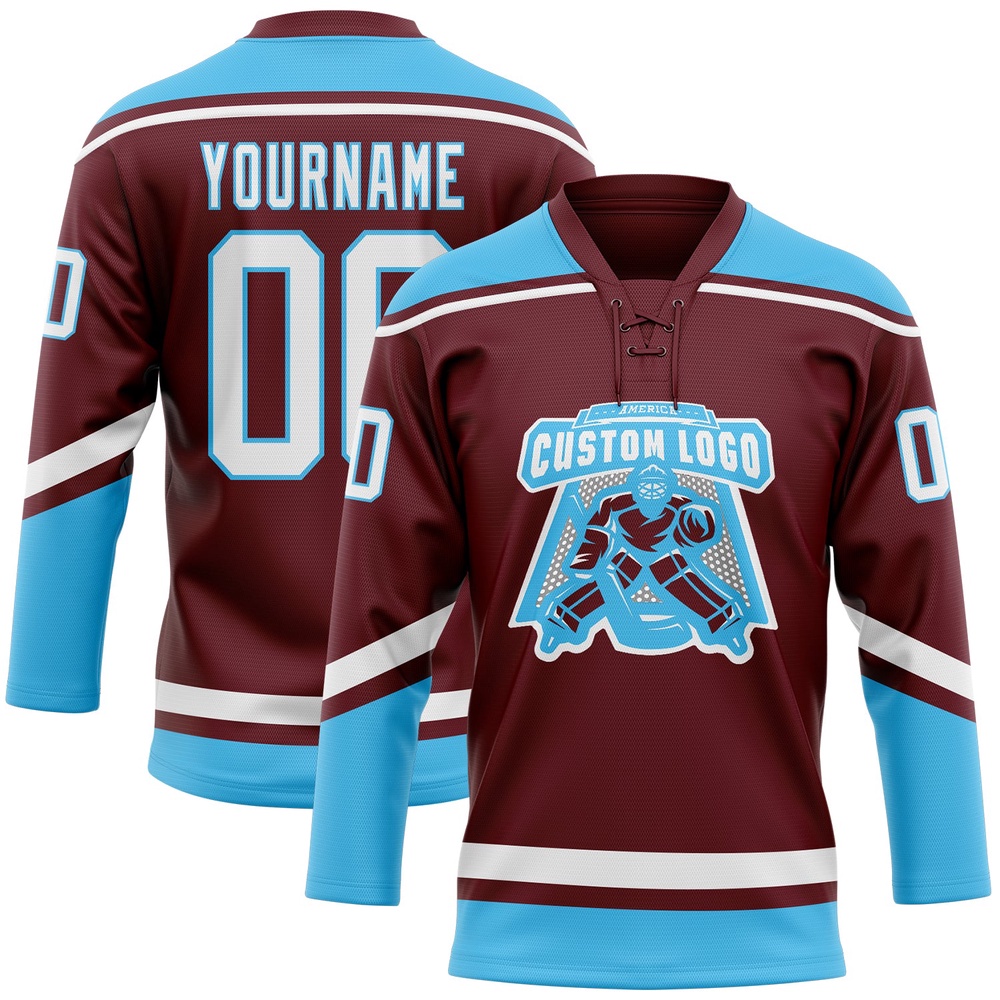 Custom Burgundy White Sky Blue Hockey Lace Neck Jersey, New Hockey Jersey, Personali Sport Team Jersey Shirt