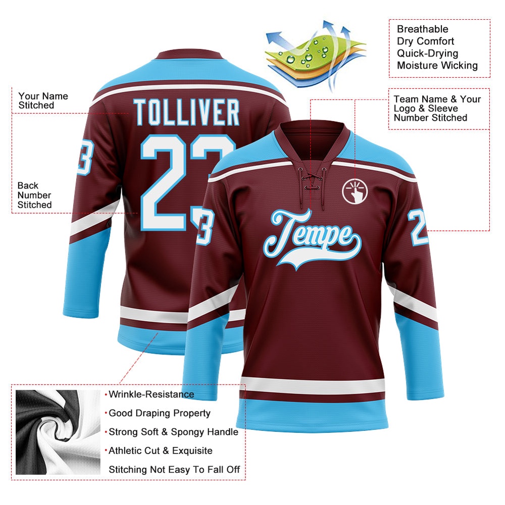 Custom Burgundy White Sky Blue Hockey Lace Neck Jersey, New Hockey Jersey, Personali Sport Team Jersey Shirt