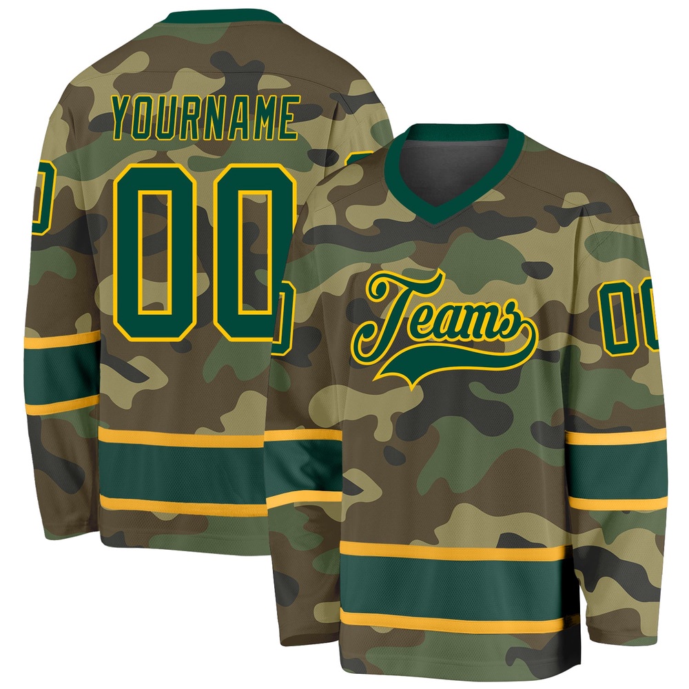 Custom Camo Green Gold Salute To Service Hockey Jersey, New Hockey Jersey, Personali Sport Team Jersey Shirt