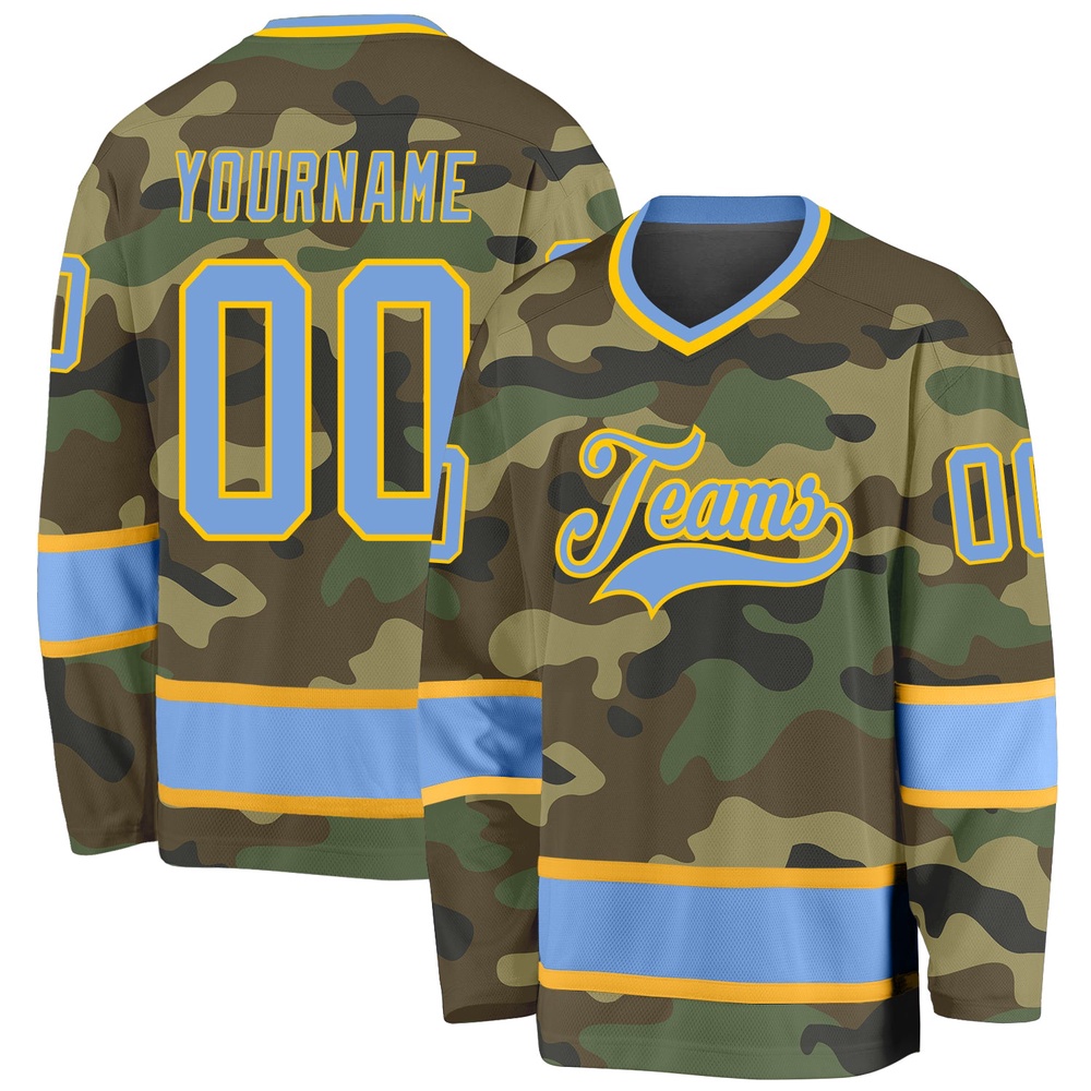 Custom Camo Light Blue Gold Salute To Service Hockey Jersey, New Hockey Jersey, Personali Sport Team Jersey Shirt Custom Camo Light Blue Gold Salute To Service Hockey Jersey, New Hockey Jersey, Personali Sport Team Jersey Shirt