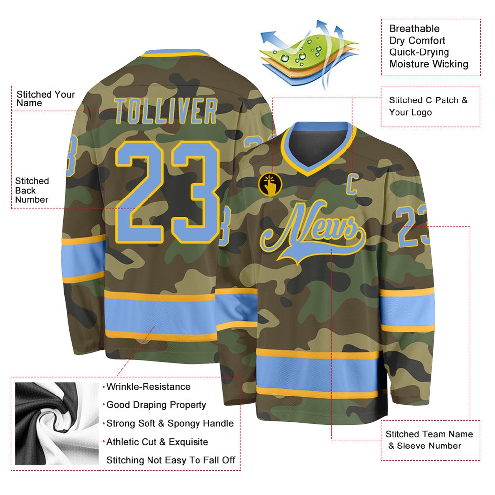 Custom Camo Light Blue Gold Salute To Service Hockey Jersey, New Hockey Jersey, Personali Sport Team Jersey Shirt Custom Camo Light Blue Gold Salute To Service Hockey Jersey, New Hockey Jersey, Personali Sport Team Jersey Shirt