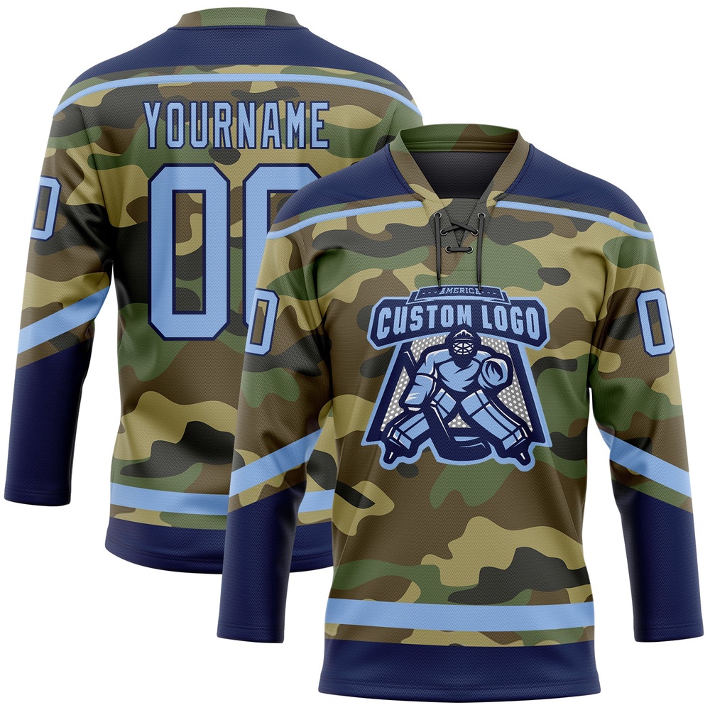 Custom Camo Light Blue Navy Salute To Service Hockey Lace Neck Jersey, New Hockey Jersey, Personali Sport Team Jersey Shirt