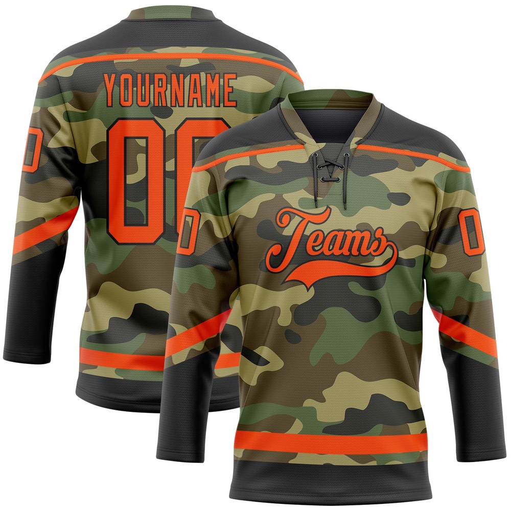 Custom Camo Orange Black Salute To Service Hockey Lace Neck Jersey, New Hockey Jersey, Personali Sport Team Jersey Shirt