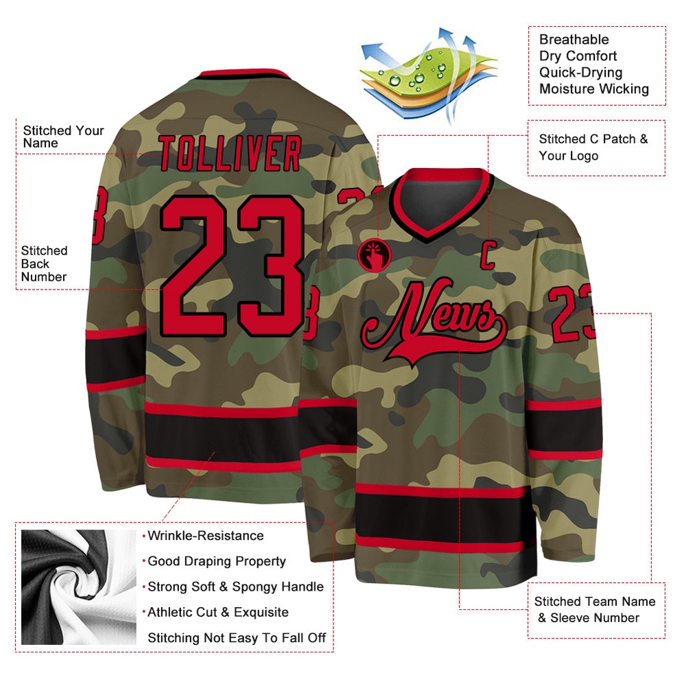 Custom Camo Red Black Salute To Service Hockey Jersey, New Hockey Jersey, Personali Sport Team Jersey Shirt Custom Camo Red Black Salute To Service Hockey Jersey, New Hockey Jersey, Personali Sport Team Jersey Shirt