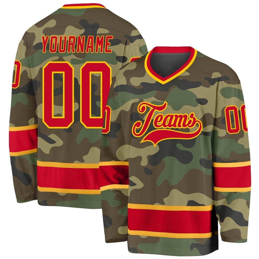 Custom Camo Red Gold Salute To Service Hockey Jersey, New Hockey Jersey, Personali Sport Team Jersey Shirt Custom Camo Red Gold Salute To Service Hockey Jersey, New Hockey Jersey, Personali Sport Team Jersey Shirt