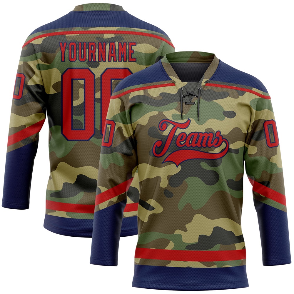 Custom Camo Red Navy Salute To Service Hockey Lace Neck Jersey, New Hockey Jersey, Personali Sport Team Jersey Shirt Custom Camo Red Navy Salute To Service Hockey Lace Neck Jersey, New Hockey Jersey, Personali Sport Team Jersey Shirt
