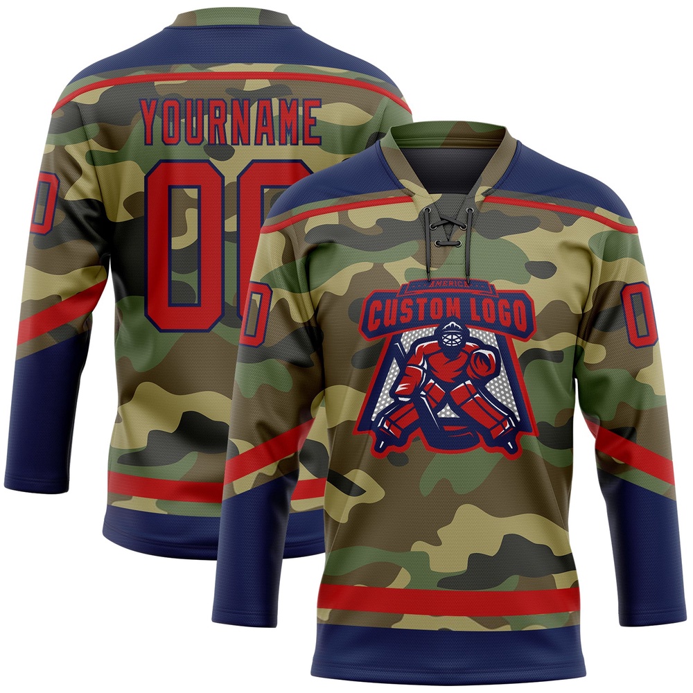 Custom Camo Red Navy Salute To Service Hockey Lace Neck Jersey, New Hockey Jersey, Personali Sport Team Jersey Shirt Custom Camo Red Navy Salute To Service Hockey Lace Neck Jersey, New Hockey Jersey, Personali Sport Team Jersey Shirt