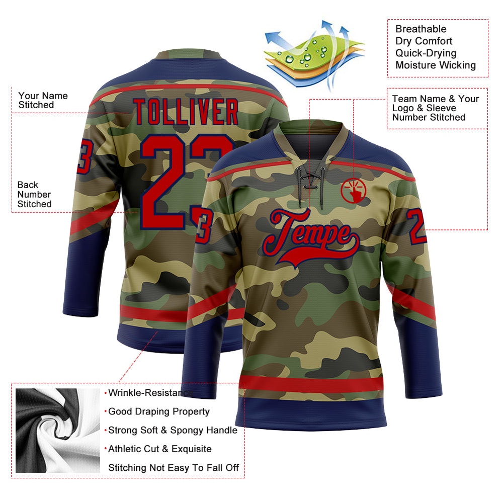 Custom Camo Red Navy Salute To Service Hockey Lace Neck Jersey, New Hockey Jersey, Personali Sport Team Jersey Shirt Custom Camo Red Navy Salute To Service Hockey Lace Neck Jersey, New Hockey Jersey, Personali Sport Team Jersey Shirt