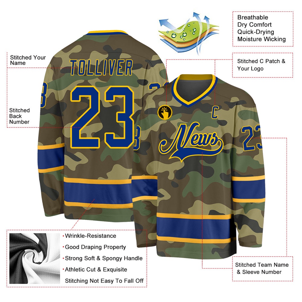 Custom Camo Royal Gold Salute To Service Hockey Jersey, New Hockey Jersey, Personali Sport Team Jersey Shirt Custom Camo Royal Gold Salute To Service Hockey Jersey, New Hockey Jersey, Personali Sport Team Jersey Shirt
