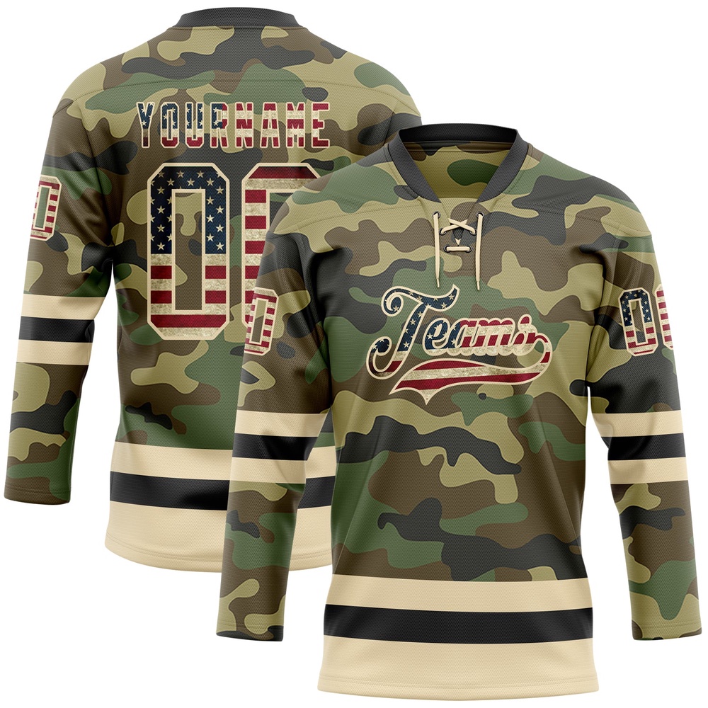 Custom Camo Vintage USA Flag Cream Black Salute To Service Hockey Lace Neck Jersey, New Hockey Jersey, Personali Sport Team Jersey Shirt