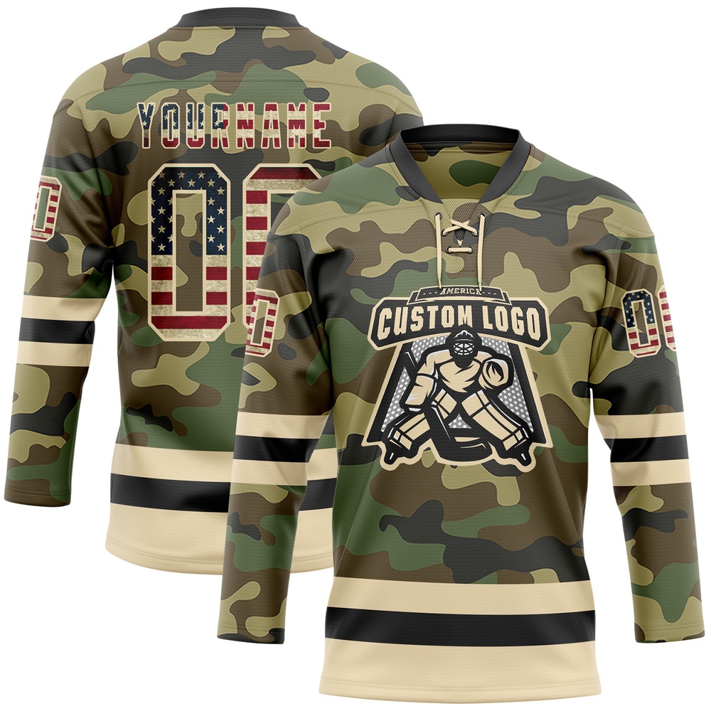 Custom Camo Vintage USA Flag Cream Black Salute To Service Hockey Lace Neck Jersey, New Hockey Jersey, Personali Sport Team Jersey Shirt
