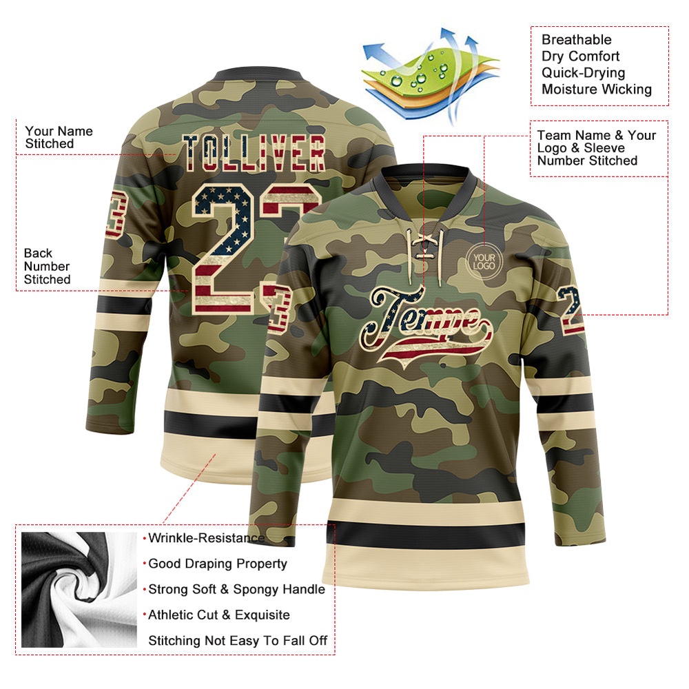 Custom Camo Vintage USA Flag Cream Black Salute To Service Hockey Lace Neck Jersey, New Hockey Jersey, Personali Sport Team Jersey Shirt