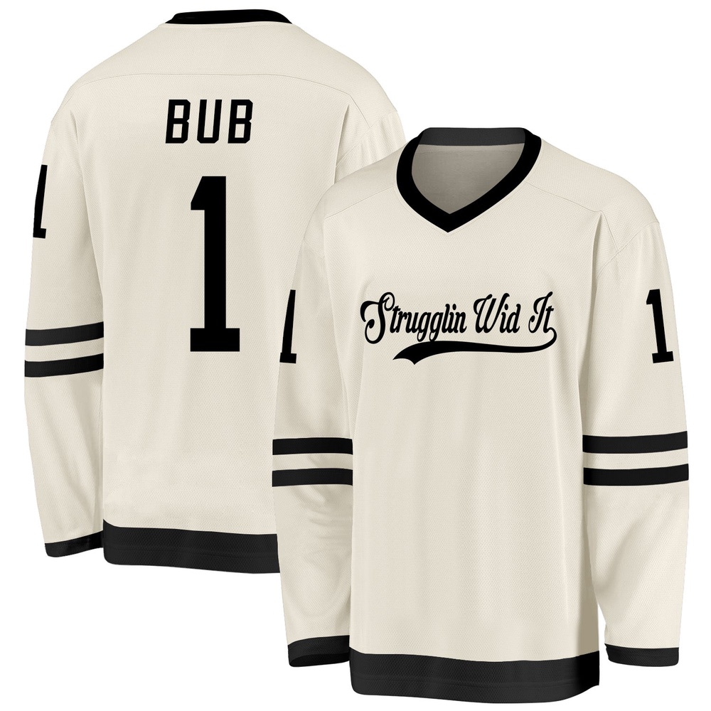 Custom Cream Black Damon Darling Strugglin Wid It Slogan BUB Hockey Jersey, New Hockey Jersey, Personali Sport Team Jersey Shirt Custom Cream Black Damon Darling Strugglin Wid It Slogan BUB Hockey Jersey, New Hockey Jersey, Personali Sport Team Jersey Shirt