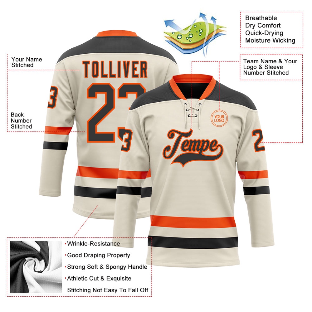 Custom Cream Black Orange Hockey Lace Neck Jersey, New Hockey Jersey, Personali Sport Team Jersey Shirt