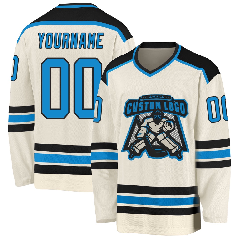 Custom Cream Blue Black Hockey Jersey, New Hockey Jersey, Personali Sport Team Jersey Shirt