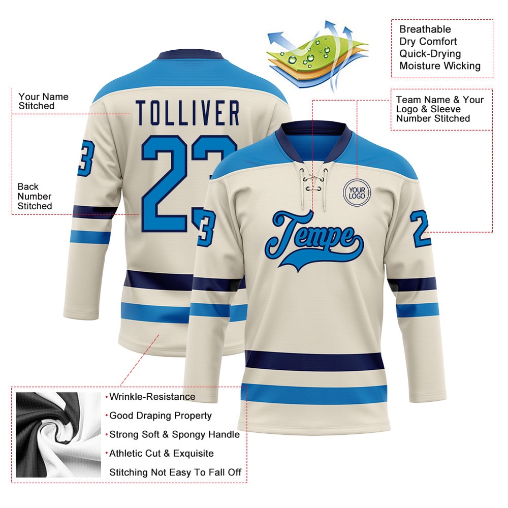Custom Cream Blue Navy Hockey Lace Neck Jersey, New Hockey Jersey, Personali Sport Team Jersey Shirt