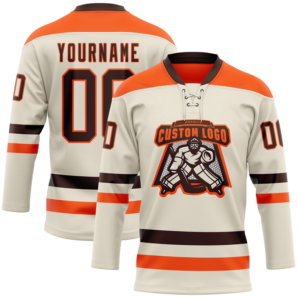 Custom Cream Brown Orange Hockey Lace Neck Jersey, New Hockey Jersey, Personali Sport Team Jersey Shirt