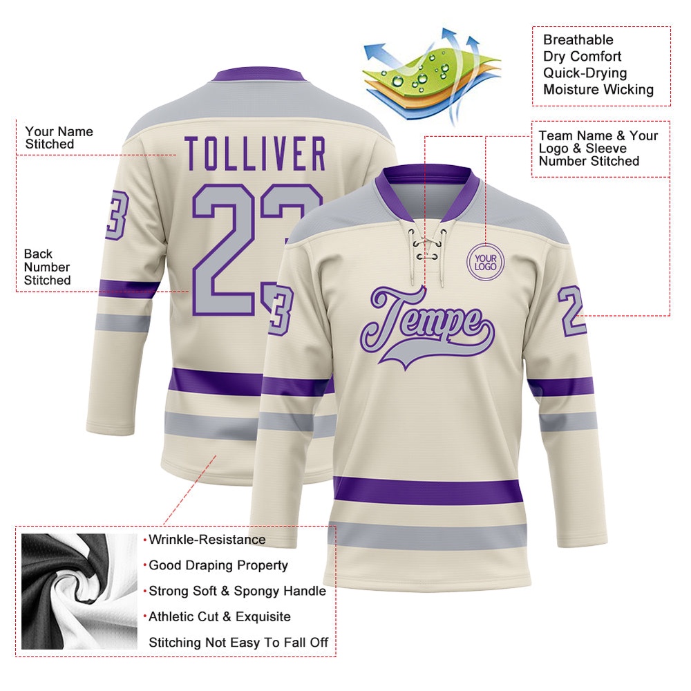 Custom Cream Gray Purple Hockey Lace Neck Jersey, New Hockey Jersey, Personali Sport Team Jersey Shirt