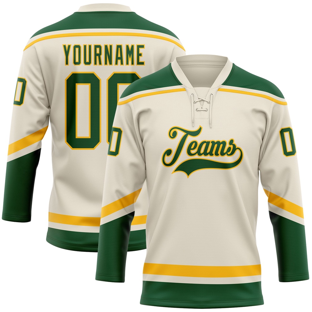 Custom Cream Green Gold Hockey Lace Neck Jersey, New Hockey Jersey, Personali Sport Team Jersey Shirt