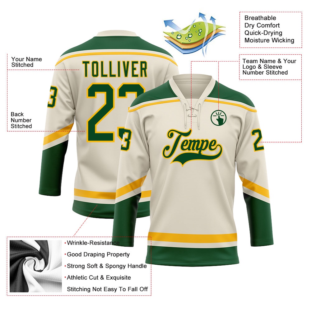 Custom Cream Green Gold Hockey Lace Neck Jersey, New Hockey Jersey, Personali Sport Team Jersey Shirt