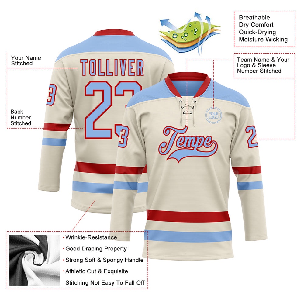 Custom Cream Light Blue Red Hockey Lace Neck Jersey, New Hockey Jersey, Personali Sport Team Jersey Shirt