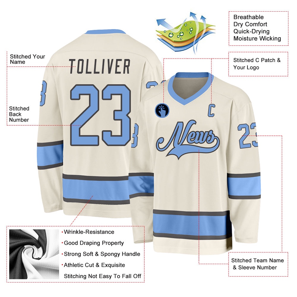 Custom Cream Light Blue Steel Gray Hockey Jersey, New Hockey Jersey, Personali Sport Team Jersey Shirt