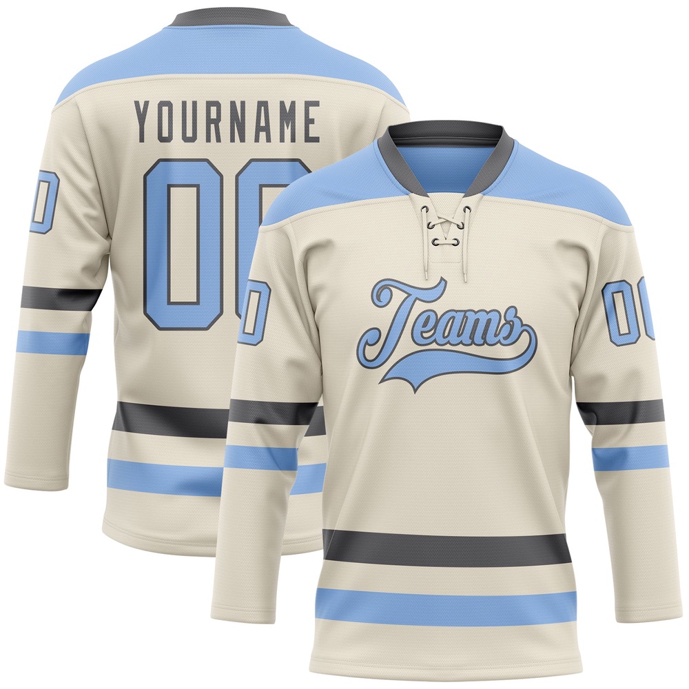 Custom Cream Light Blue Steel Gray Hockey Lace Neck Jersey, New Hockey Jersey, Personali Sport Team Jersey Shirt Custom Cream Light Blue Steel Gray Hockey Lace Neck Jersey, New Hockey Jersey, Personali Sport Team Jersey Shirt
