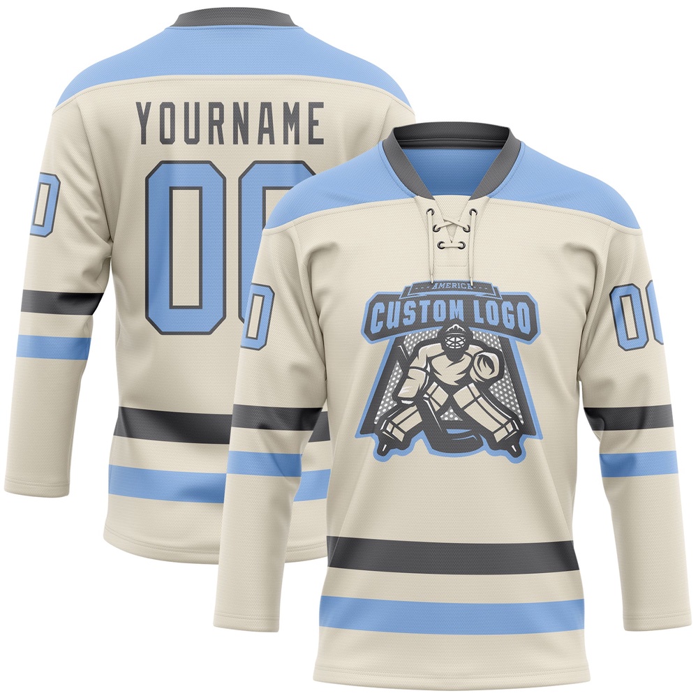 Custom Cream Light Blue Steel Gray Hockey Lace Neck Jersey, New Hockey Jersey, Personali Sport Team Jersey Shirt Custom Cream Light Blue Steel Gray Hockey Lace Neck Jersey, New Hockey Jersey, Personali Sport Team Jersey Shirt