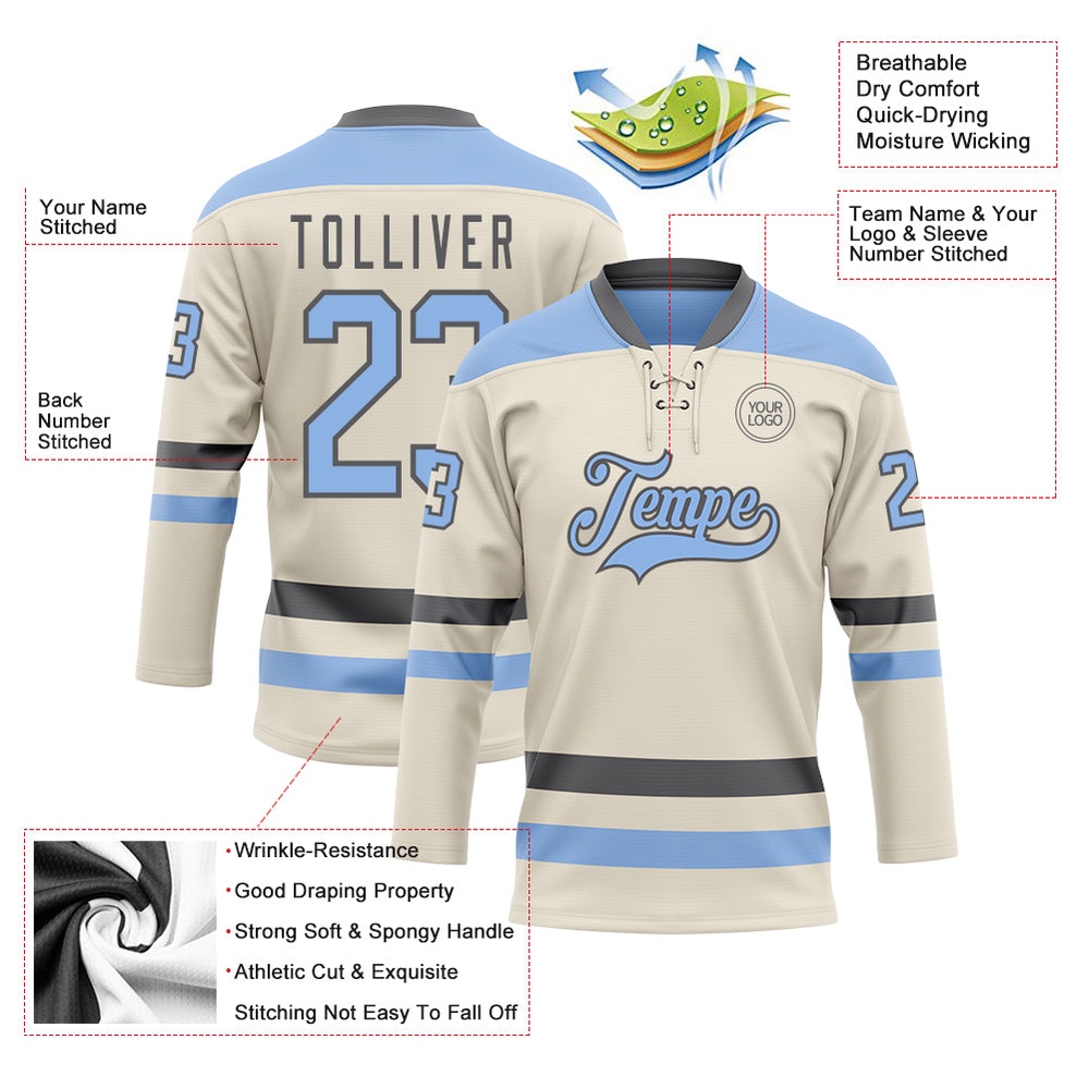Custom Cream Light Blue Steel Gray Hockey Lace Neck Jersey, New Hockey Jersey, Personali Sport Team Jersey Shirt Custom Cream Light Blue Steel Gray Hockey Lace Neck Jersey, New Hockey Jersey, Personali Sport Team Jersey Shirt
