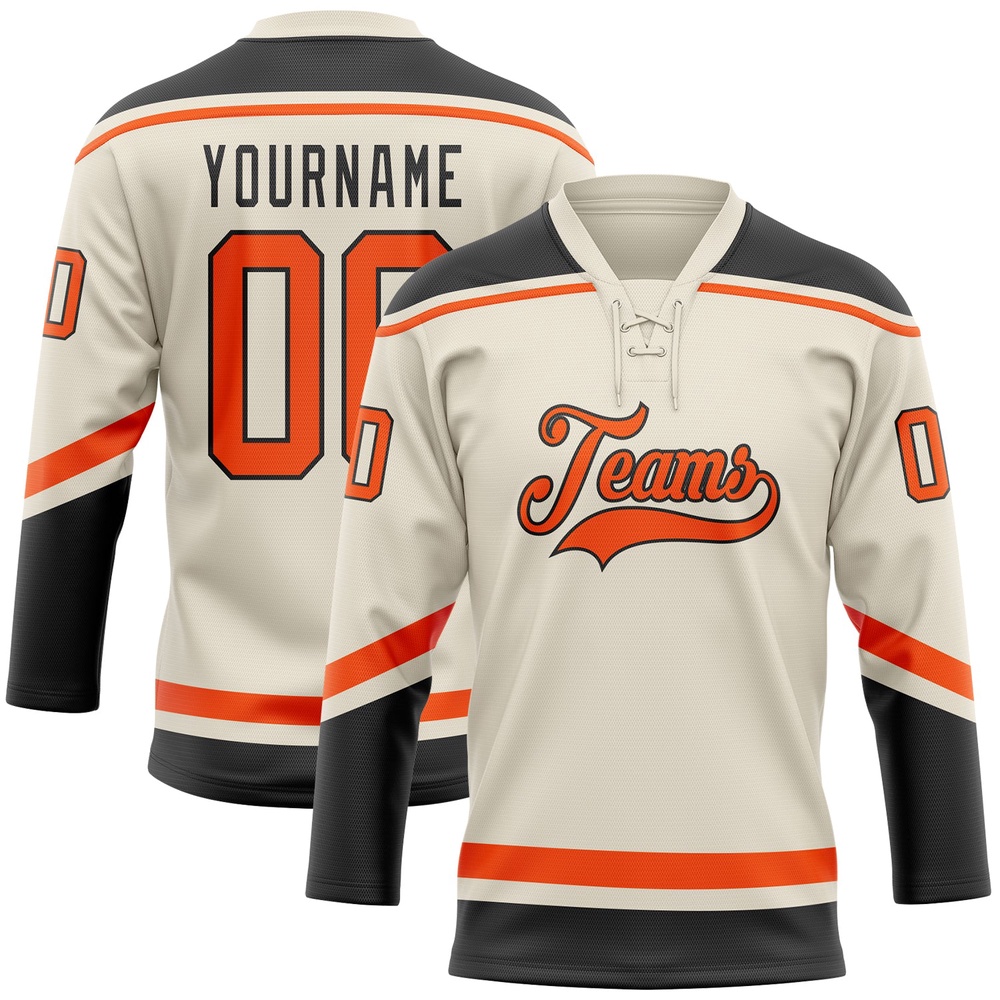 Custom Cream Orange Black Hockey Lace Neck Jersey, New Hockey Jersey, Personali Sport Team Jersey Shirt