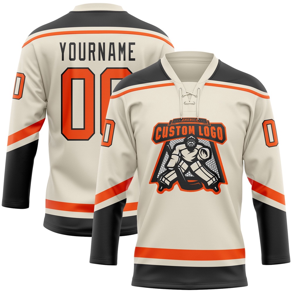 Custom Cream Orange Black Hockey Lace Neck Jersey, New Hockey Jersey, Personali Sport Team Jersey Shirt