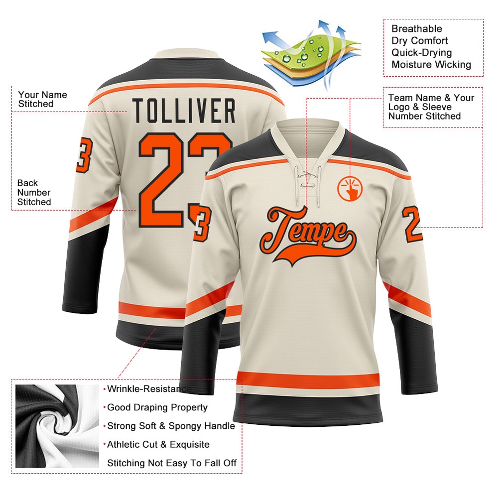 Custom Cream Orange Black Hockey Lace Neck Jersey, New Hockey Jersey, Personali Sport Team Jersey Shirt