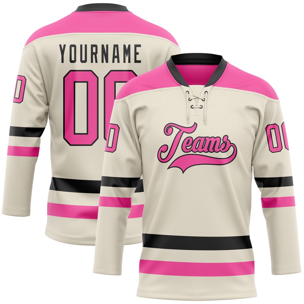 Custom Cream Pink Black Hockey Lace Neck Jersey, New Hockey Jersey, Personali Sport Team Jersey Shirt