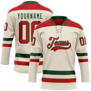 Custom Cream Red Green Hockey Lace Neck…