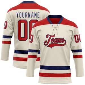 Custom Cream Red Navy Hockey Lace Neck…